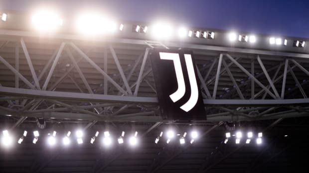 A photo of the Juventus emblem taken inside Allianz Stadium in April 2022